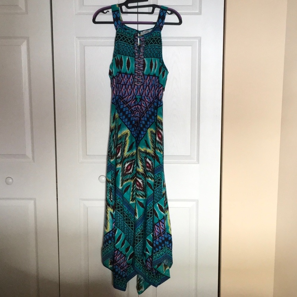 Blue and Purple Pleated Tie Front Halter Maxi Sundress
